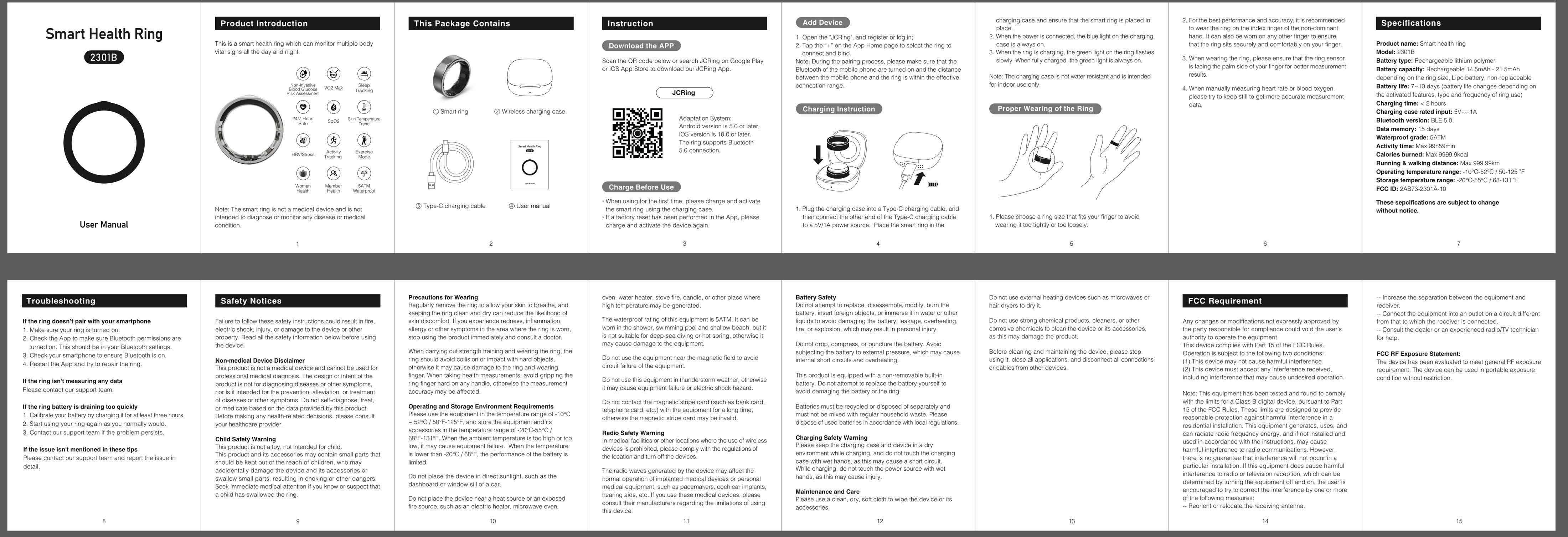 The manufacturer's full manual, both sides: product introduction, wearing the ring, pairing, charging, troubleshooting, safety notices and specifications
